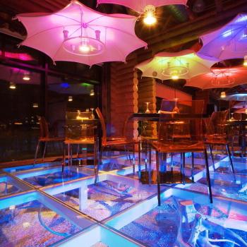 Стеклянный пол с подсветкой в баре